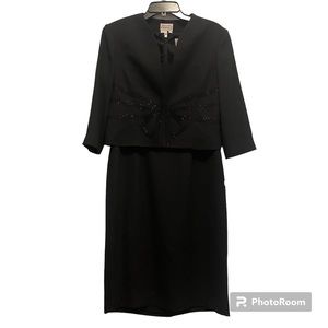 Adrianna Papell 10 Bead Trim Black Long Lined Evening Dress with Short Jacket